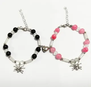 Gothic Spider Beaded Bracelet Set of 2 - Rhinestone Spider Charm, Black & Pink Resin Beads, Adjustable Extender Chain, Punk Sweet-Cool BFF/Couple Jewelry