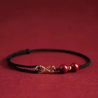 Cinnabar Infinity 8 Lucky Red String Bracelet for Women, 18K Gold Plated Alloy + Cinnabar Beads, Adjustable 16-26cm, Wine Red, Good Luck Blessing Hand Rope