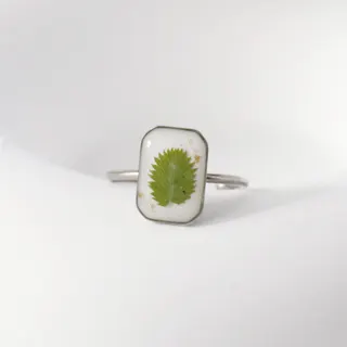 Real Leaf Resin Ring - Geometric Square Open Band, Stainless Steel Gold Plated, Nature Forest Style Adjustable Finger Ring for Women