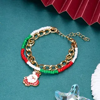 Christmas Snowflake Charm Bracelet for Women, Red White Green Beaded Double Layer Chain, Alloy 18K Gold Plated, Holiday Gift, 16+5cm