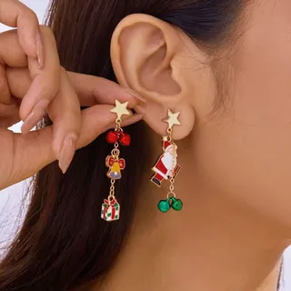 Christmas Tree Dangle Earrings for Women, Gold Alloy 18K Plated, Enamel & Crystal Star, Hollow Holiday Party Jewelry, 1.7x3.3cm, Pair