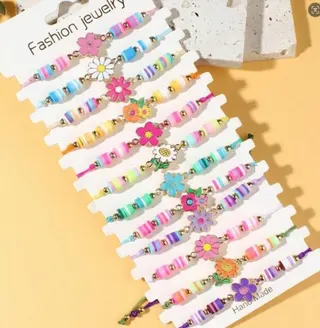 Fashion Jewelry Handmade Beaded Bracelet Set - Macaron Color Clay Flower Dripped Alloy Charm Braided Bracelet for Girls Women