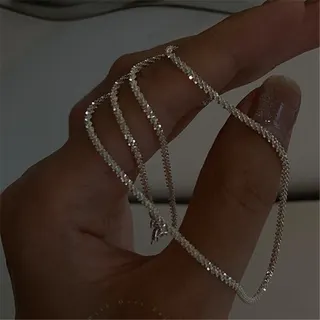 Starlight Faceted Chain Necklace for Women - Silver Sparkle Bare Chain, Lightweight Layering Collarbone Chain, ~45cm, Copper with Vacuum Plating