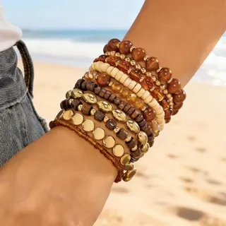 Bohemian Beaded Bracelet Set of 10 - Crystal & Wood Beads Multi-Layer Stackable Elastic Bracelets, Vacation Ethnic Style, Approx 18cm, Gold Tone