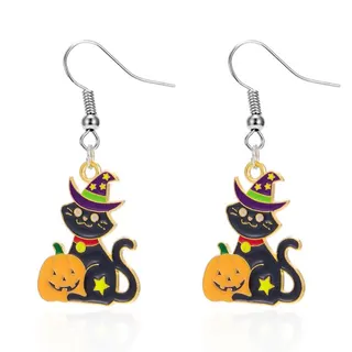 Halloween Cat Pumpkin Earrings, Cute Black Witch Cat with Jack-o'-Lantern Dangle Hoop Earrings, Alloy Enamel Holiday Party Jewelry for Women