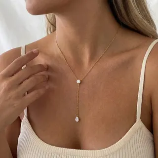 Minimalist Y-Shape Necklace for Women, 18K Gold Plated Stainless Steel with Round & Teardrop Zircon Pendant, 40+5cm Clavicle Chain