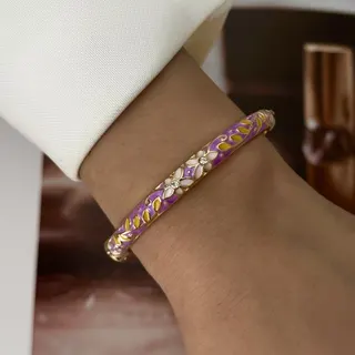 Vintage Floral Enamel Bangle - 18K Gold Plated Alloy Bracelet with Rhinestone Flower, French Retro Wide Cuff, Approx 6cm
