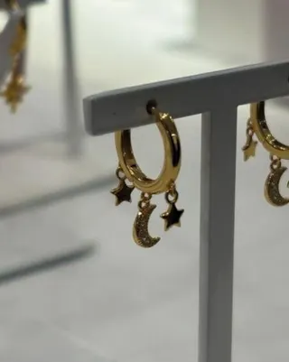 Stainless Steel Gold Hoop Earrings with Star and Moon Dangle - Hypoallergenic 18K Gold Plated Boho Jewelry Pair