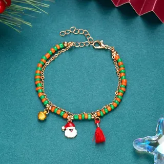 Christmas Beaded Bracelet Women - Enamel Santa Boot & Bell Charm with Red Tassel, Double Chain Red Green Seed Beads, 18K Gold Plated Alloy, Holiday Gift Jewelry 16+5cm