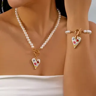 Vintage Heart Enamel Pearl Necklace & Bracelet Set, Gold OT Clasp 18K Gold Plated, Sweet French Style Jewelry Gift Set