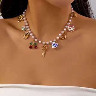 French Vintage Multi-Charm Pearl Necklace - Key Cherry Bow Enamel Ceramic Pendants, 18K Gold Plated Alloy with Rhinestones, Adjustable 38+5cm Clavicle Chain for Women
