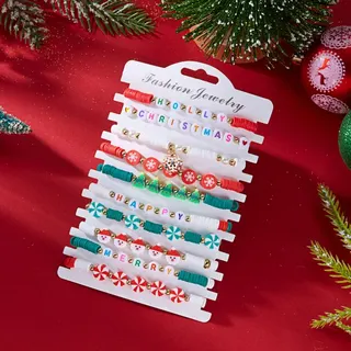 Christmas Beaded Bracelet Set of 10 - Red & White Clay Heart Snowman Snowflake Candy Cane Beads with Alloy & Resin Letter Beads, Elastic 18cm, Holiday Gift for Women Girls