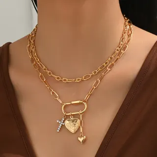 Double Layer Gold Chain Necklace with Heart Frame & Rhinestone Cross Pendant, 18K Gold Plated Alloy Adjustable Y2K Statement Necklace for Women