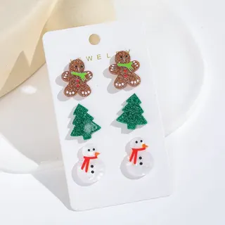 Christmas Cartoon Earrings Acrylic Snowman Gingerbread Tree Glitter Studs Cute Holiday Gift Set 3 Pairs