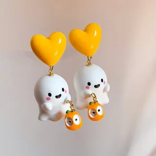 Cute Halloween Ghost Pumpkin Heart Dangle Earrings, Resin 3D Cartoon Dangle Earrings, Yellow Candy Color, Lightweight Party Jewelry, Pair