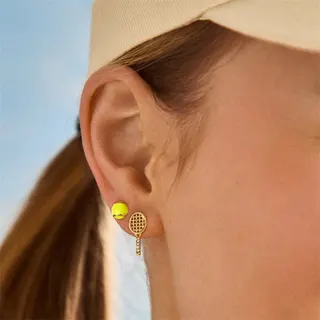 Tennis Sport Asymmetric Earrings - Copper 18K Gold Plated, Neon Yellow Tennis Ball & Racket Design, Fun Statement Studs for Women, 1 Pair