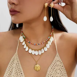 Boho Shell Necklace and Earrings Set, Multi-Layer White Shell Beads with Gold Scallop Pendant and Colorful Seed Beads, 18K Gold Plated Alloy, Beach Vacation Jewelry for Women