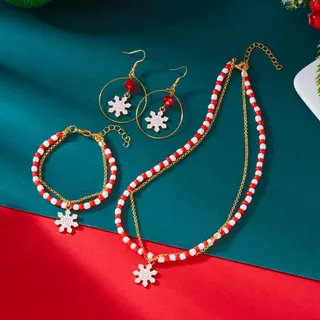 Christmas Beaded Jewelry Set - Green & White Reindeer Charm Necklace, Bracelet & Hoop Earrings, 18K Gold Plated Alloy, Holiday Gift 3-Piece Set