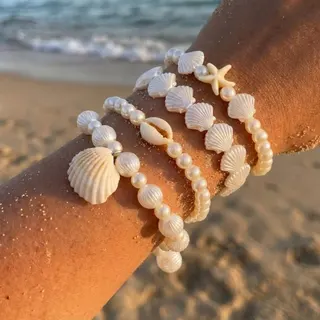 Summer Beach Shell Starfish Pearl Bracelet Set - Imitation Pearl & Resin Beaded Stackable Bangle, Boho Vacation Jewelry for Women, Approx 18cm