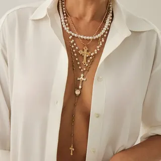 Cross Layered Necklace Set Silver Alloy + Faux Pearl Multi-Chain Religious Y2K Vintage Pendant Long Necklace for Women